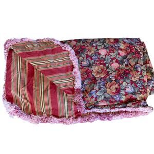 Waverly Shabby Chic Duvet Cover FULL QUEEN Red Floral Stripes Fringe COTTON